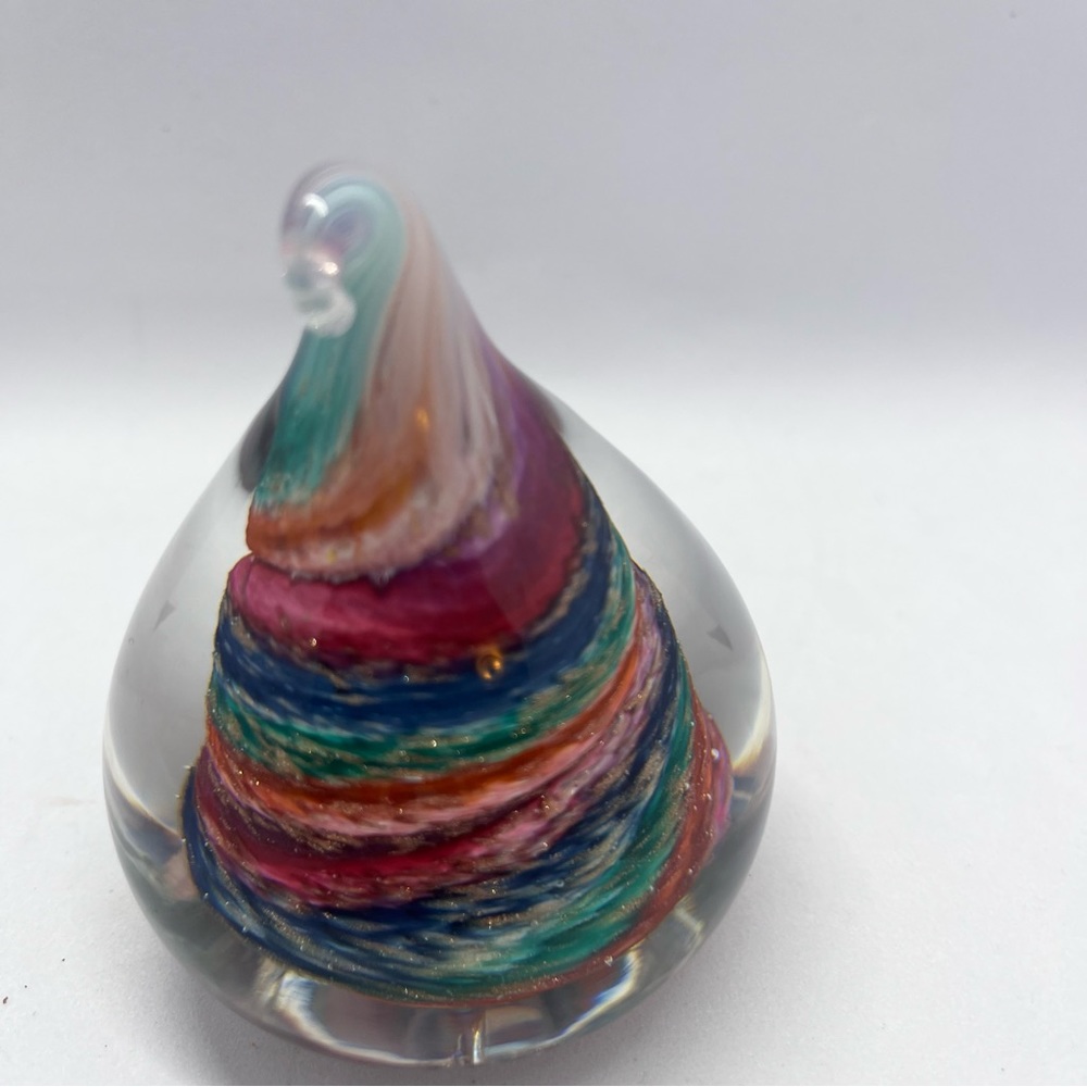 Handblown WV-Glass Dimensions teardrop rainbow swirl paperweight - Picture 8 of 9